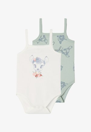 Two infant bodysuits with thin straps; one white with a deer face and floral design, the other light green with repeating deer faces and text.
