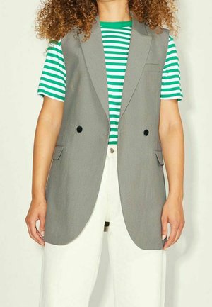 Blazer sans manches en pied-de-poule gris avec deux boutons noirs, associé à un T-shirt rayé vert et blanc et un pantalon blanc.