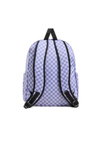 Purple checkerboard backpack with black hardware, padded straps, and side pockets. Textured fabric and structured design.