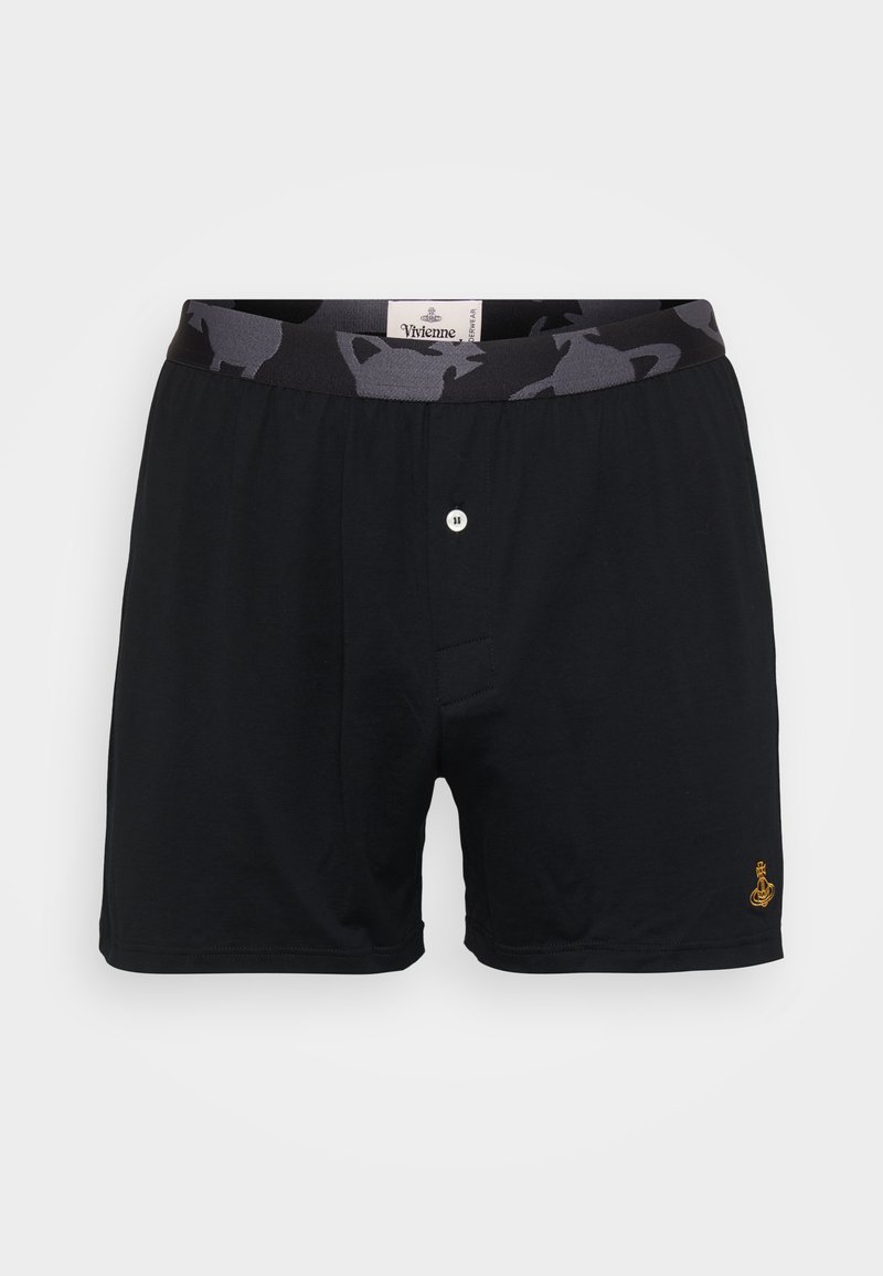 Schwarze Baumwoll-Boxershorts mit einem elastischen Bund in Schwarz und Grau mit Muster, ausgestattet mit einem vorderen Knopfverschluss und einem kleinen goldenen Logo-Detail.