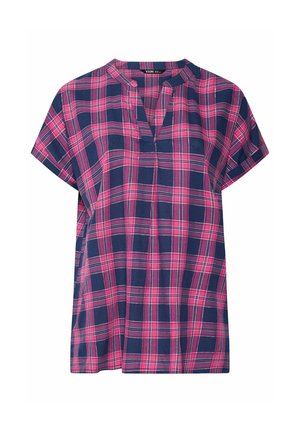 Dames top met korte mouwen in marineblauw en roze ruitpatroon, V-hals met een klein kraagje en een losse pasvorm.