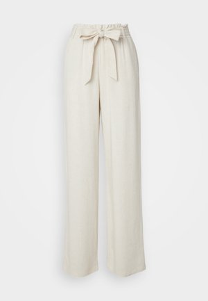 Beige Leinen-Hose mit weitem Bein und einem Taillengürtel, die eine weiche Textur und eine lockere Silhouette aufweist, ideal für legere Anlässe.