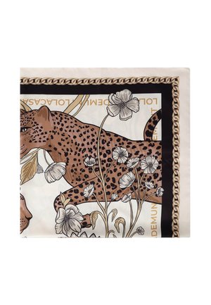 Pañuelo de seda con leopardo marrón moteado, borde de cadena beige y negro, y flores blancas con contornos negros sobre fondo crema.