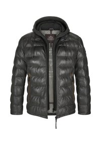 Graue Pufferjacke mit abnehmbarer Kapuze, glattem Lederaußenmaterial, Reißverschlusstaschen und gestepptem Design. Die Innenseite verfügt über ein kontrastierendes Futter.