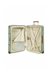 Valigia verde menta con dettagli in pelle marrone. L'interno presenta una fodera beige, una tasca con zip e cinghie elastiche per l'organizzazione.