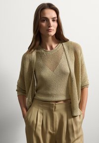 Maglione lavorato a maglia in oliva chiaro, con un design corto e trama aperta. Abbinato a pantaloni beige plissettati a vita alta.
