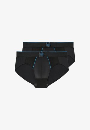 Ein Set aus schwarzen Herrenunterhosen. Mit einem blauen Akzent und einem Netzpaneeldesign. Hergestellt aus weichem Material mit einer glatten Textur und einem bequemen Bund.