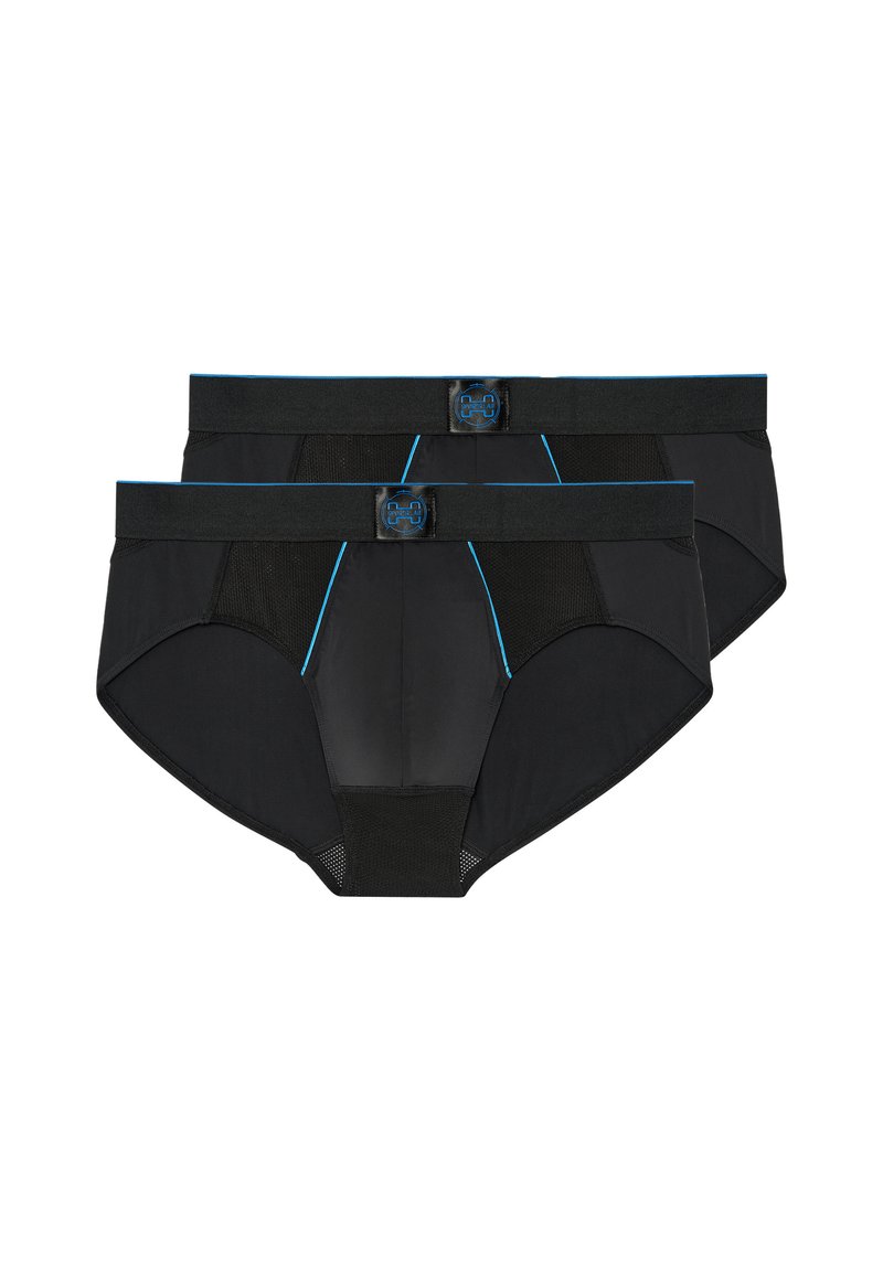 Ein Set aus schwarzen Herrenunterhosen. Mit einem blauen Akzent und einem Netzpaneeldesign. Hergestellt aus weichem Material mit einer glatten Textur und einem bequemen Bund.