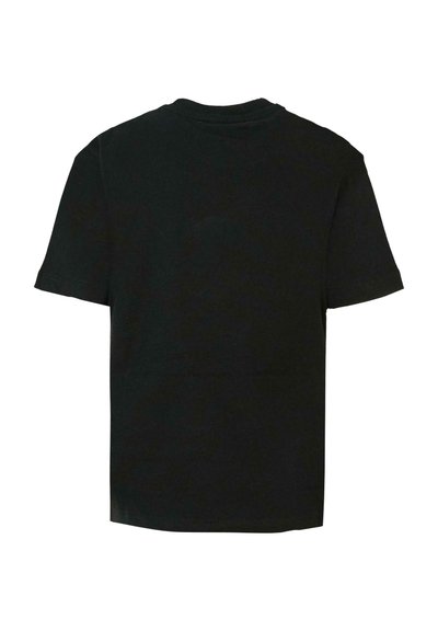 Czarna bawełniana koszulka z krótkim rękawem i okrągłym dekoltem. Gładki tył, bez widocznych wzorów lub akcentów. Miękka tekstura.