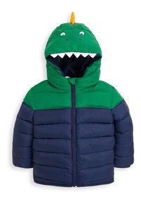 Grön och marinblå pufferjacka med dinosauriehuvud, med vita tänder, runda ögon och en orange ryggfena. Dragkedjestängning fram.
