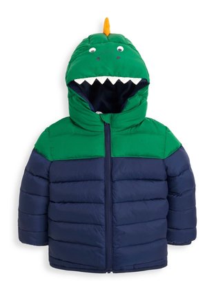Grüne und marineblaue Daunenjacke mit Dinosaurierkapuze, ausgestattet mit weißen Zähnen, runden Augen und einer orangefarbenen Rückenflosse. Mit Reißverschluss vorne.