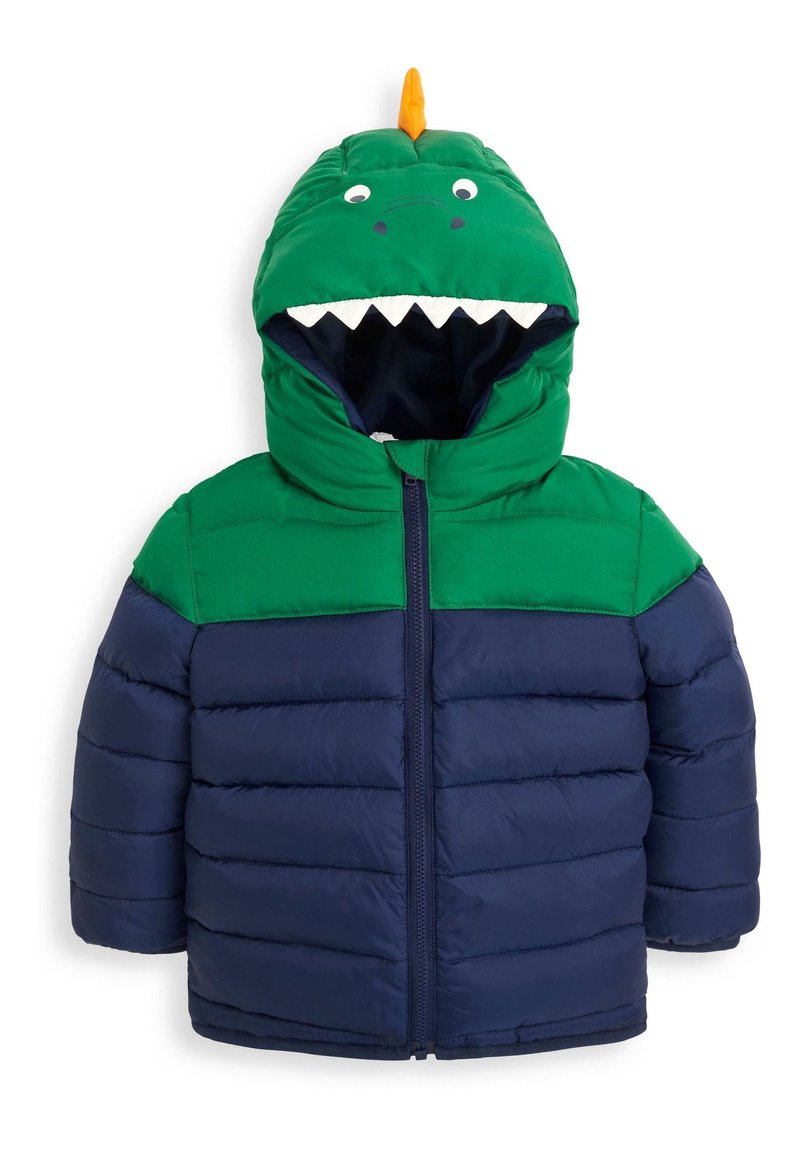 Grön och marinblå pufferjacka med dinosauriehuvud, med vita tänder, runda ögon och en orange ryggfena. Dragkedjestängning fram.