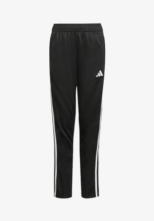Black athletic pants made of smooth fabric, featuring white side stripes and a small white logo on the left thigh. Elastic waistband.