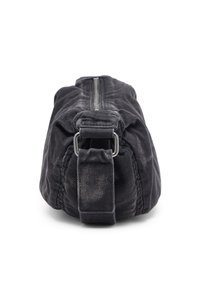 Black fabric bag with a cylindrical shape, zipper on top, and a sturdy handle. Material has a textured finish with subtle wear details.