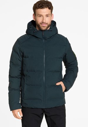 Dark green puffer jacket with a zip closure, adjustable hood, and elastic cuffs. Features a pocket on the upper sleeve and quilted texture.