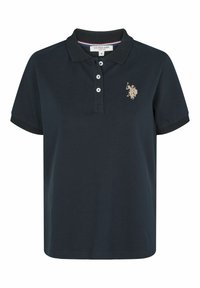 Polo bleu marine à manches courtes avec col, trois boutons et logo joueur de polo clair sur le côté gauche de la poitrine.
