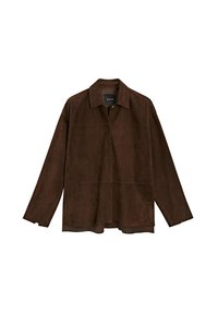 Brown suede jacket with a pointed collar, long sleeves, straight cut, and subtle stitching details. No fasteners are visible.