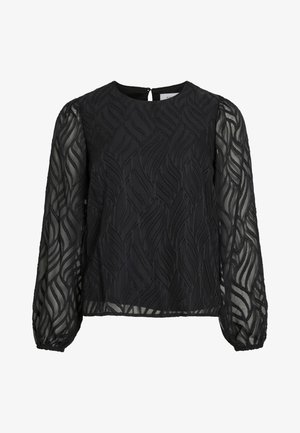 Crna bluza s dugim prozirnim rukavima, teksturiranim uzorkom lišća, okruglim izrezom i malim dugmadi na leđima.