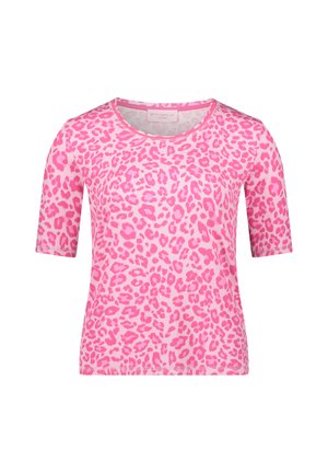 Rosa T-Shirt mit kurzen Ärmeln und Leopardenmuster. Aus Rippstrick gefertigt, mit rundem Ausschnitt und lockerem Sitz.