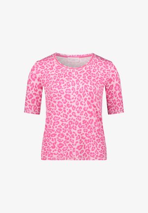 Różowy t-shirt z krótkim rękawem w panterkę. Wykonany z prążkowanej tkaniny, z okrągłym dekoltem i luźnym krojem.