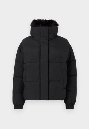 Schwarze Steppjacke mit hohem Kragen, Kunstpelzbesatz und elastischen Bündchen. Verfügt über einen Frontreißverschluss und zwei Seitentaschen.