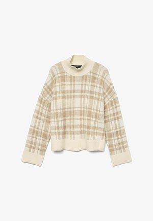 Beige og creme ternet sweater med ribbet mock neck og lange ærmer, med en cropped design og blød tekstur.