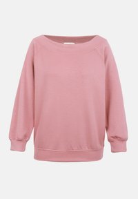 Sweat-shirt doux rose à manches longues avec un large col rond et des bords-côtes aux poignets et à l’ourlet, présenté sur un fond clair uni.