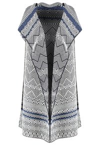 Giacca decorata con colletto a scialle, caratterizzata da un design geometrico in bianco e nero con accenti blu e una vestibilità ampia.
