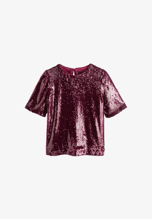 Bordó, rövid ujjú felső, flitterekkel borítva, kerek nyakkivágással és hátul kulcslyuk zárással. Simaszerű textúra fényes felülettel.
