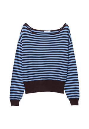 Stripet sweater med horisontale blå og sorte striber, bred udskæring, lange pufærmer og en mørk ribbet kant. Fremstillet af bomuldsblanding.