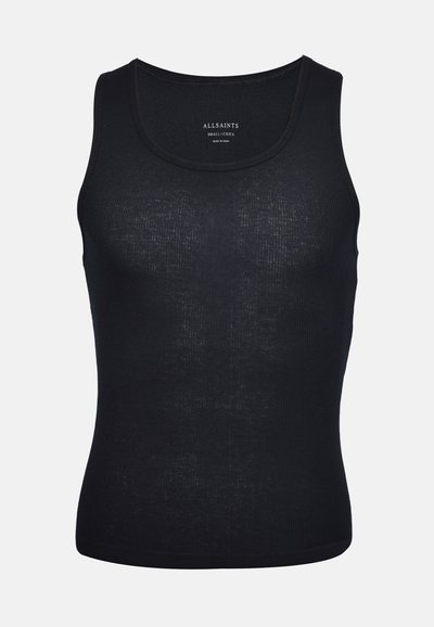 Débardeur noir côtelé sans manches avec col rond, taille small indiquée, marque AllSaints.