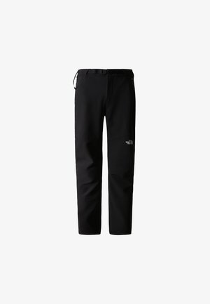 Pantaloni outdoor neri dal design elegante, realizzati in un tessuto leggero e resistente. Presentano una cintura, tasche laterali e un logo sulla coscia.