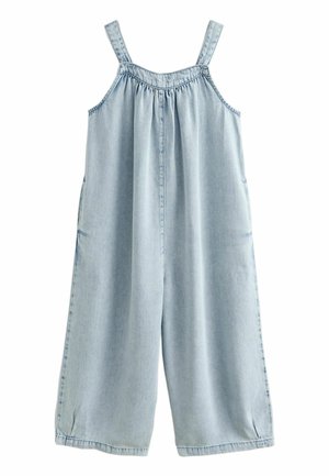 Jasnoniebieski jeansowy kombinezon bez rękawów, z szerokimi nogawkami, marszczonym dekoltem i regulowanymi ramiączkami.