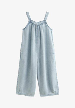 Lichtblauw denim mouwloze jumpsuit met wijde pijpen, een geplooide halslijn en verstelbare schouderbandjes.