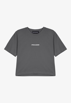 Gray cotton t-shirt with short sleeves and a crew neck. Features a white "PEGADOR" logo printed on the chest. Simple, relaxed design.