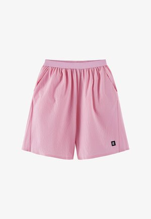 Różowe szorty z fakturowanej tkaniny z elastyczną talią, bocznymi kieszeniami i małą czarną naszywką z logo na dolnej prawej nodze.