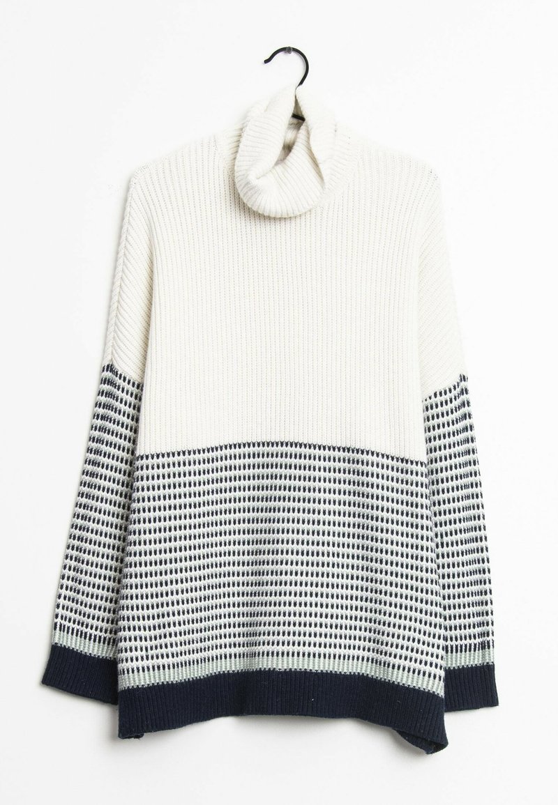 Pletený rolák v krémové barvě s texturovaným vzorem. Obsahuje námořnické detaily s mřížkovým vzorem ve spodní části a na manžetách.