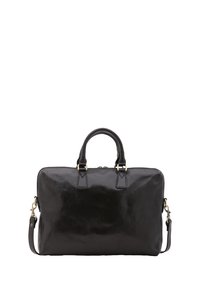 Sac à main en cuir noir avec deux anses supérieures et une bandoulière amovible, présentant une texture lisse et un design minimaliste.