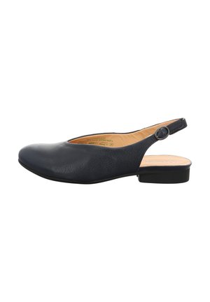 Navy blue leather slingback shoe with a rounded toe, low heel, and side buckle detail. Smooth texture with a subtle grain pattern.
