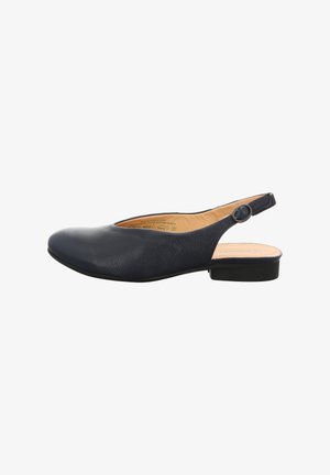 Navy blue leather slingback shoe with a rounded toe, low heel, and side buckle detail. Smooth texture with a subtle grain pattern.