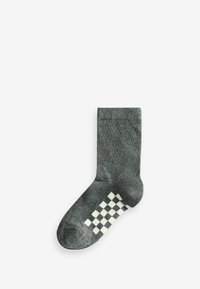 Grau Baumwollsocke mit strukturiertem Finish und einem weißen karierten Muster am Knöchel. Verfügt über eine verstärkte Zehe und einen festen Bund.