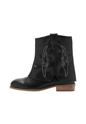 Black leather ankle boot with a rounded toe, low heel, decorative white stitching, and flame-shaped accents on the sides.