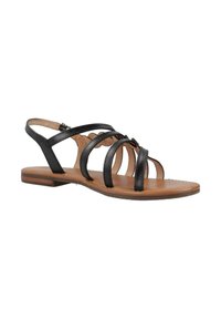 Sandal in pelle nera con multiple cinghie, design open toe e un piccolo tacco. Presenta una soletta texturizzata color nocciola e una cinghia alla caviglia regolabile.