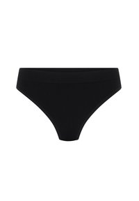 Sous-vêtements de bikini en coton noir avec une taille élastique et une texture lisse, présentant un design sans couture et une forme minimaliste.