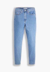 Jean skinny taille haute bleu clair avec fermeture par bouton et fermeture éclair à l'avant, poches devant et derrière, présenté sur fond blanc.