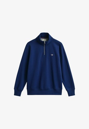 Marineblauer Sweatshirt mit Viertel-Reißverschluss, langen Ärmeln, gerippten Bündchen und Saum sowie kleinem, gesticktem Logo auf der linken Brust.