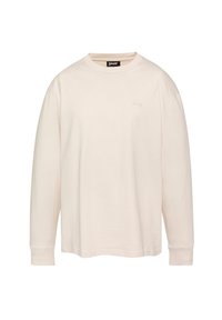 T-shirt a maniche lunghe in cotone beige chiaro, con collo rotondo, taglio dritto e ricamo del logo sottile sul petto. Texture morbida.