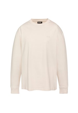 Langarm-T-Shirt aus leicht gebleichtem Baumwollmaterial mit Rundhalsausschnitt, geradem Schnitt und dezentem Logo-Stick auf der Brust. Weiche Textur.