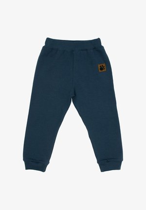 Granatowe spodnie dresowe z miękkiego materiału, z prążkowanym pasem i mankietami. Zawierają małą brązową kwadratową naszywkę z odciskiem łapy.