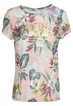 Chemise rose à manches courtes avec des feuilles et fleurs tropicales vertes et blanches, ornée du texte doré « Perdu au paradis » sur le devant.